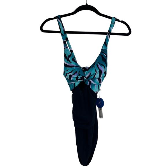 NWT Cupshe Womens Crossback Ruched One Piece Black/Teal Bathing Swimsuit Small - Picture 1 of 11